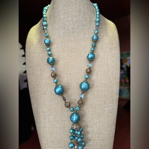 Vintage Necklace AB Crystals Faux Blue Pearls & Gold Beads With Tassel End 5389 - Picture 8 of 11